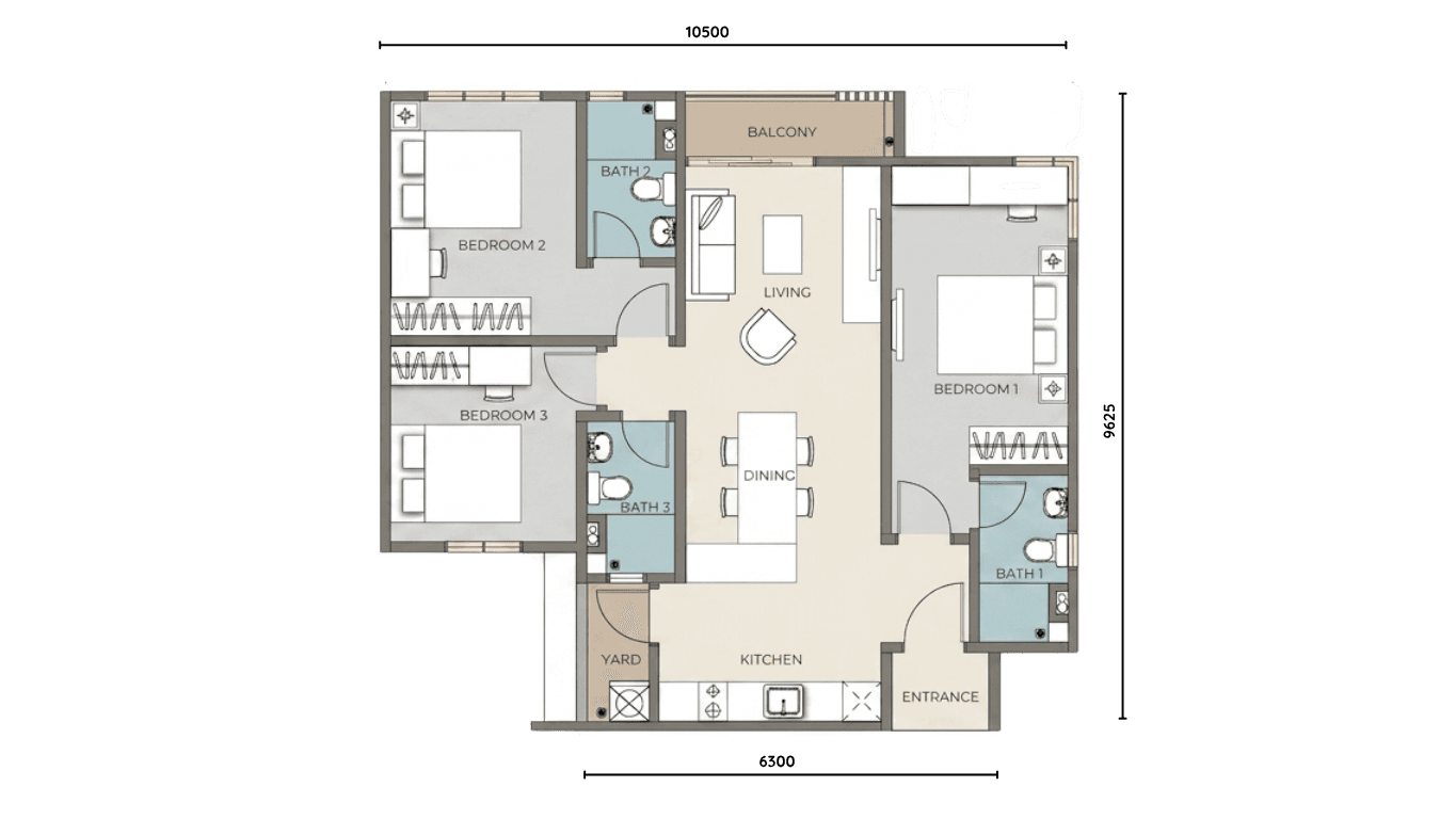 Type C floor plan — 956 sqft